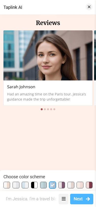 The Reviews section layout featuring a large image, name, and text