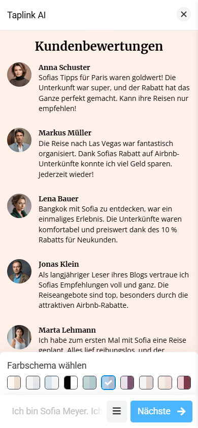 Der Bewertungen-Abschnitt mit einem Layout aus kleinem Bild, Name und Text