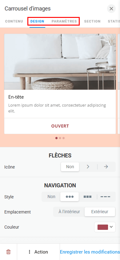 Les onglets Design et Paramètres mis en évidence dans les paramètres du bloc Carrousel d'images