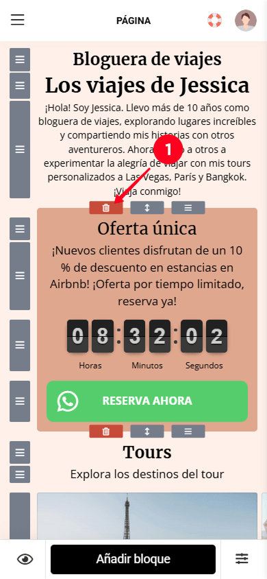 Tocando el icono de basura para eliminar una sección en el creador de Taplink