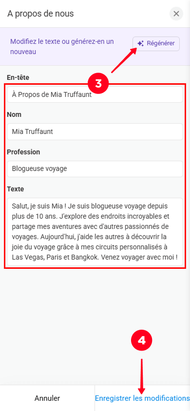 Modifier le texte, appuyer sur le bouton Régénérer et enregistrer les modifications dans la fenêtre des paramètres de la section A propos de nous