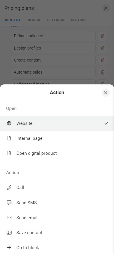 List of the button action options with chosen Website