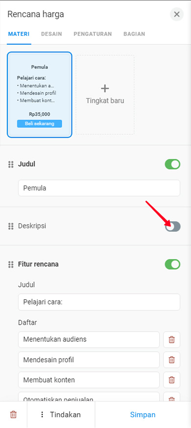 Menonaktifkan bagian Deskripsi di pengaturan tombol