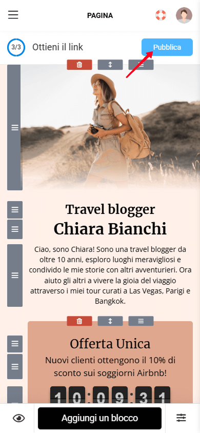 Tocco del pulsante Pubblica nell’editor della pagina Taplink