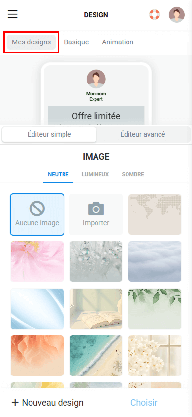 L’onglet Mes designs mis en évidence dans l’interface de Taplink