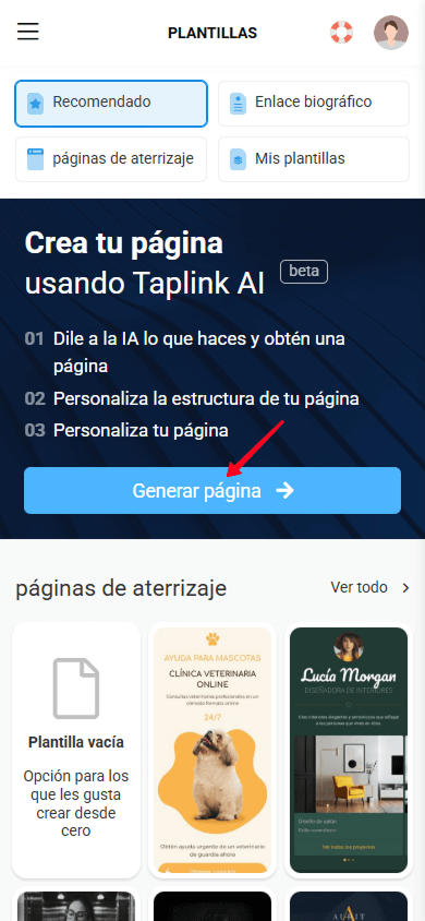 Tocando el botón Generar página en la interfaz de Taplink