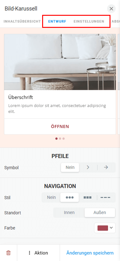 Die Tabs Entwurf und Einstellungen in den Bild-Karussell-Blockeinstellungen sind hervorgehoben