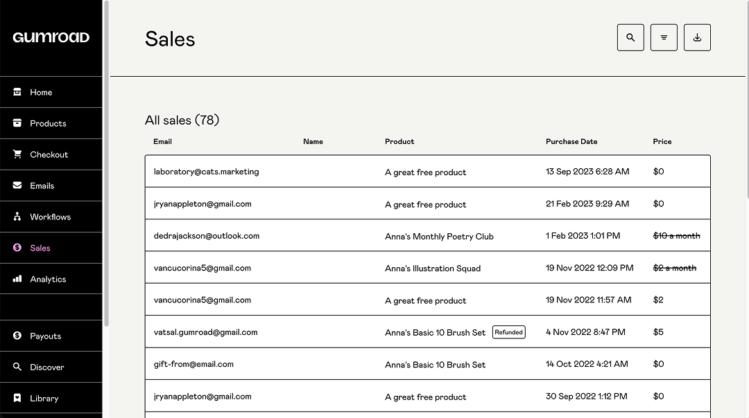 Built-in CRM in the Gumroad dashboard