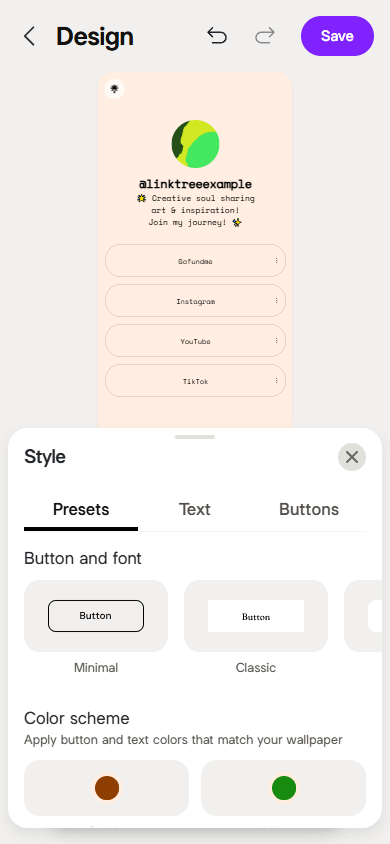 Page style settings window in Linktree