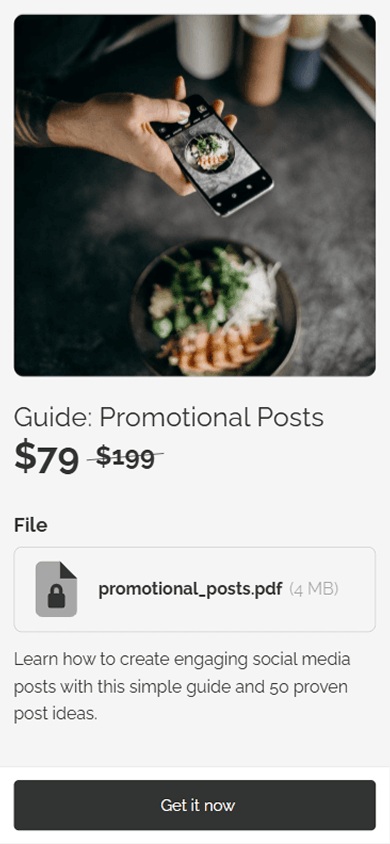A digital product page featuring a product cover image, name, price, description, and file