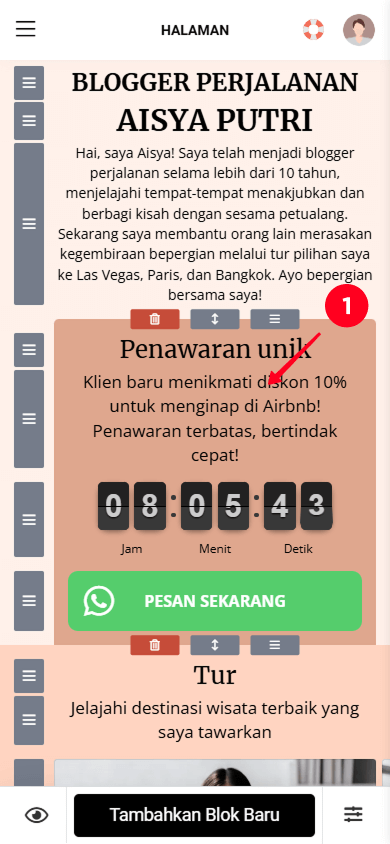 Mengetuk blok Teks di editor Taplink