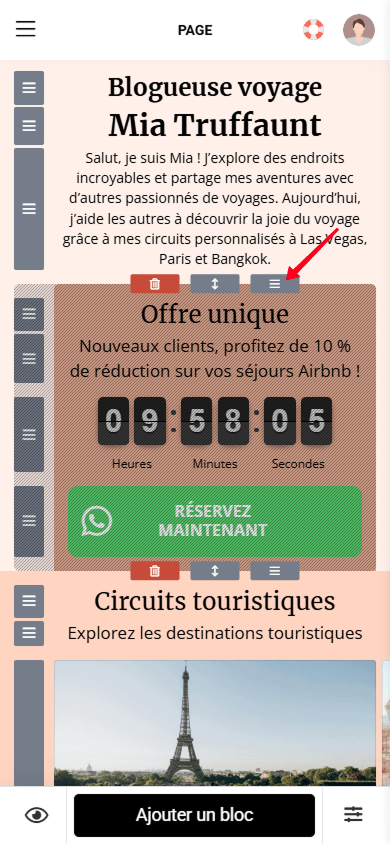 Maintenir l’icône de déplacement pour déplacer une section dans le créateur de page Taplink