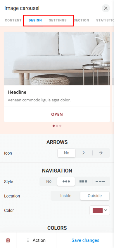 Design and Settings tabs highlighted in the Image carousel block settings