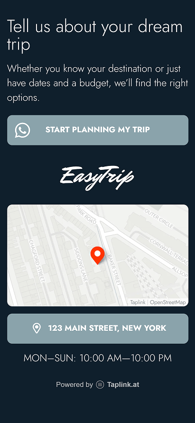 Bottom section of a travel agency website showing a contact button, map, and business hours