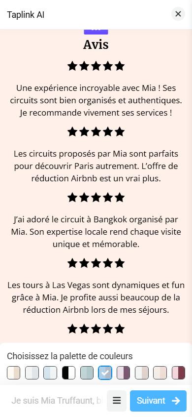 La section Avis avec une mise en page comprenant des étoiles et du texte