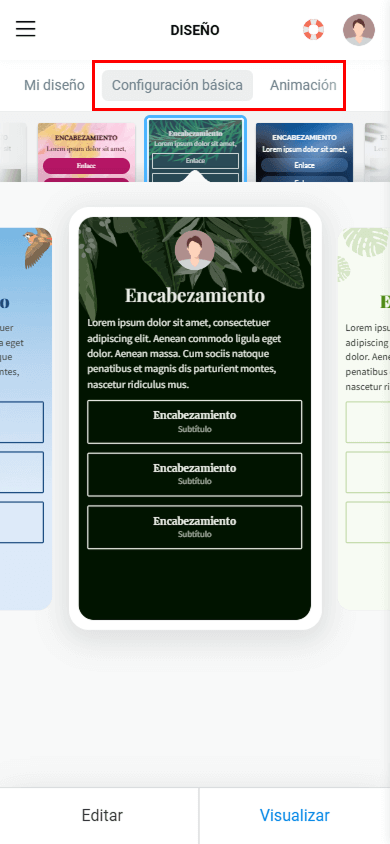Las pestañas Configuración básica y Animación resaltadas en la configuración de diseño de la página de Taplink