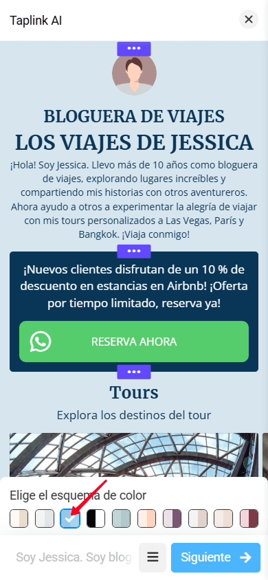 Un esquema de color azul aplicado a una página generada en el editor de Taplink AI