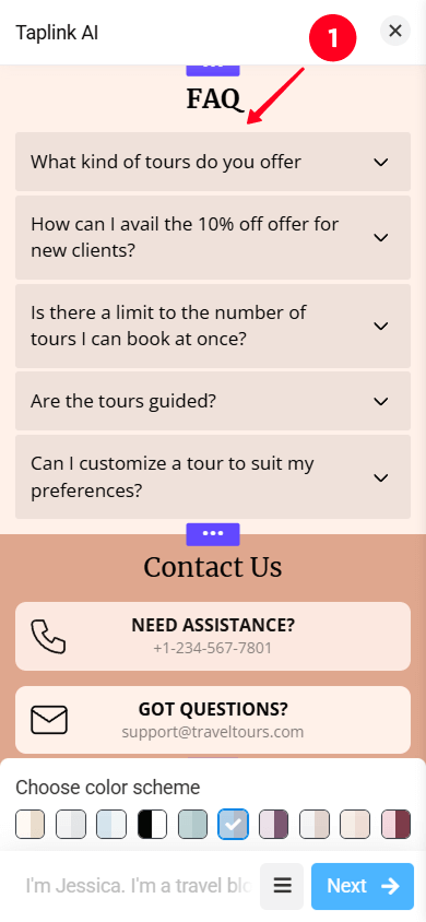 Tapping the FAQ section in the Taplink AI page interface