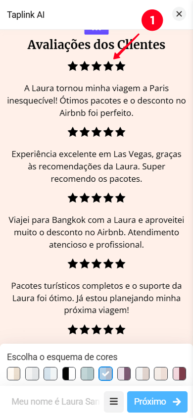 Tocando na seção Avaliações no editor de páginas do Taplink AI