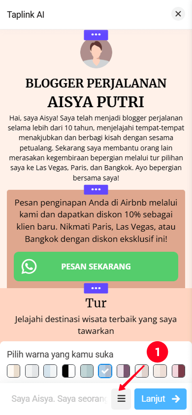 Membuka pengaturan bagian di editor Taplink AI