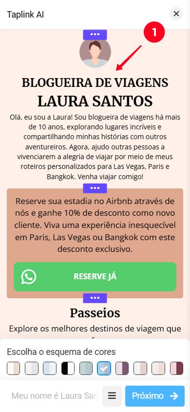 Tocando na seção na interface do Taplink AI