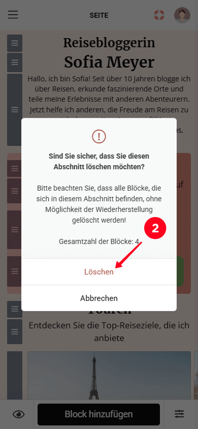 Auswählen der Schaltfläche Löschen im Pop-up-Fenster in Taplink
