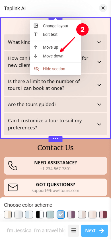 Selecting Move up and Move down in the section settings menu
