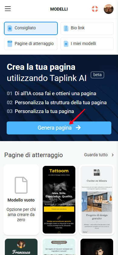 Tocco del pulsante Genera pagina nell’interfaccia Taplink