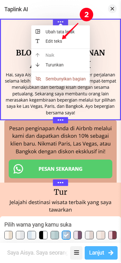 Memilih Edit teks di menu tarik-turun pengaturan bagian