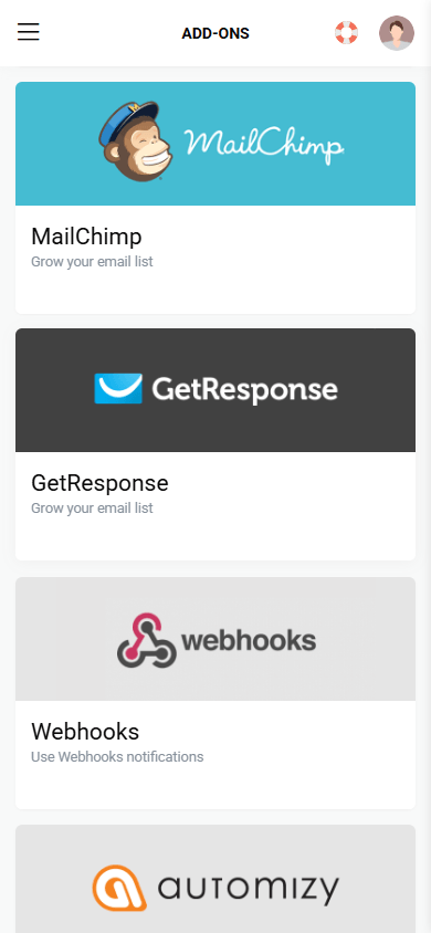 Mailchimp, GetResponse, Webhooks, and Automizy integrations in Taplink