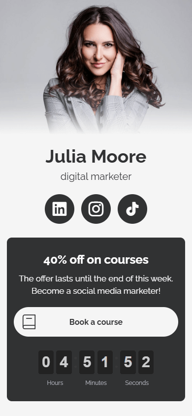 Top of the digital marketer’s Taplink page featuring Avatar, Text, Social networks, Link, and Timer blocks