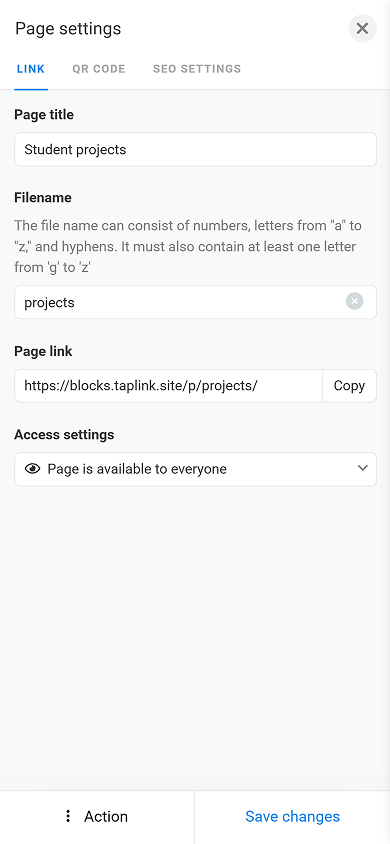 Internal page customization page featuring page name, link, and access settings