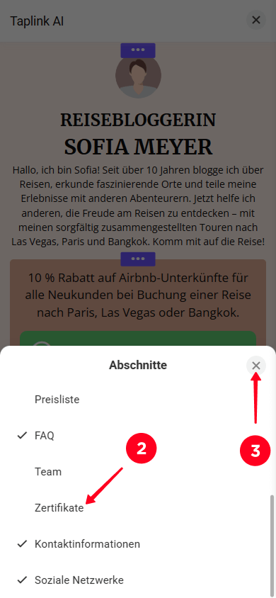 Auswählen von Abschnitten im Fenster der Abschnitts­einstellungen und Tippen auf die Schaltfläche zum Schließen