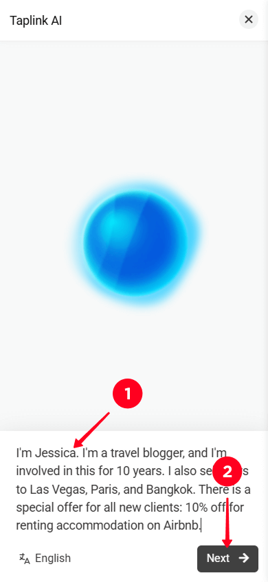 Entering the business description and tapping the Next button in Taplink AI