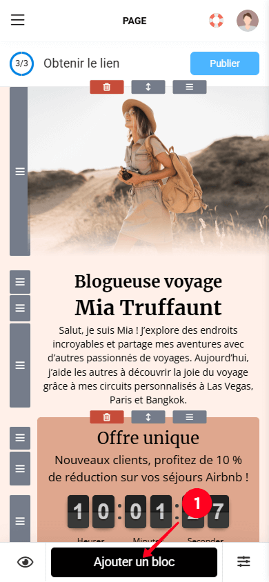 Appuyer sur le bouton Ajouter un bloc dans l’éditeur de page Taplink
