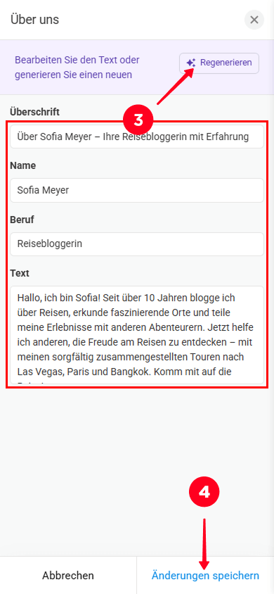 Text bearbeiten, auf Regenerieren tippen und Änderungen speichern im Fenster der Über uns-Abschnitts­einstellungen