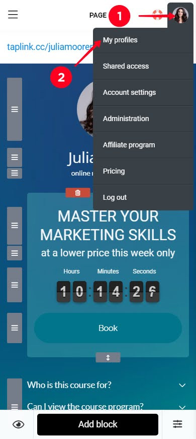 Tapping the profile photo and choosing My profiles
