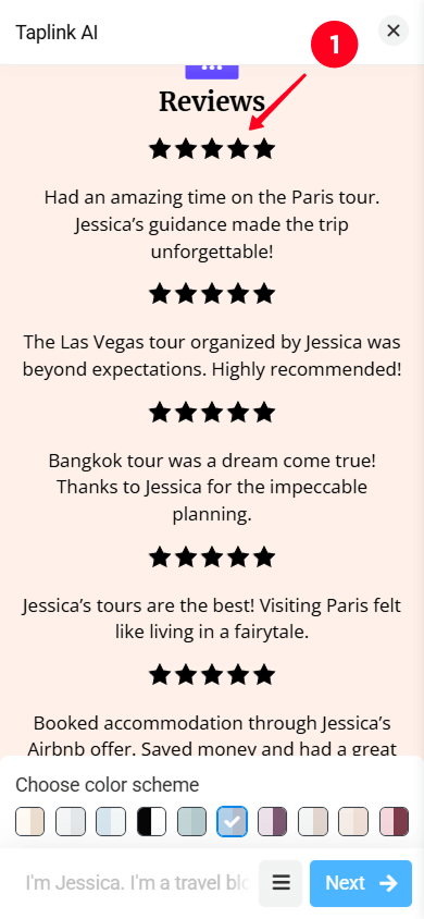 Tapping the Reviews section in the Taplink AI page editor