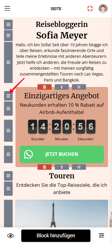 Halten des Drag-Symbols zum Verschieben eines Blocks in Taplink