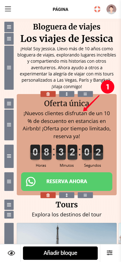 Tocando el bloque Texto en el editor de Taplink