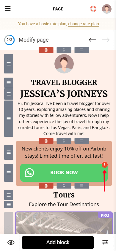 An exclamation mark next to the button highlighted with a red arrow