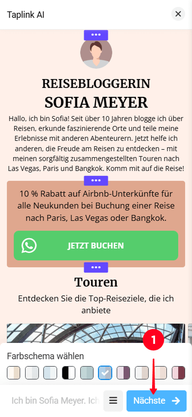 Tippen auf die Schaltfläche Nächste im Taplink AI-Page-Builder