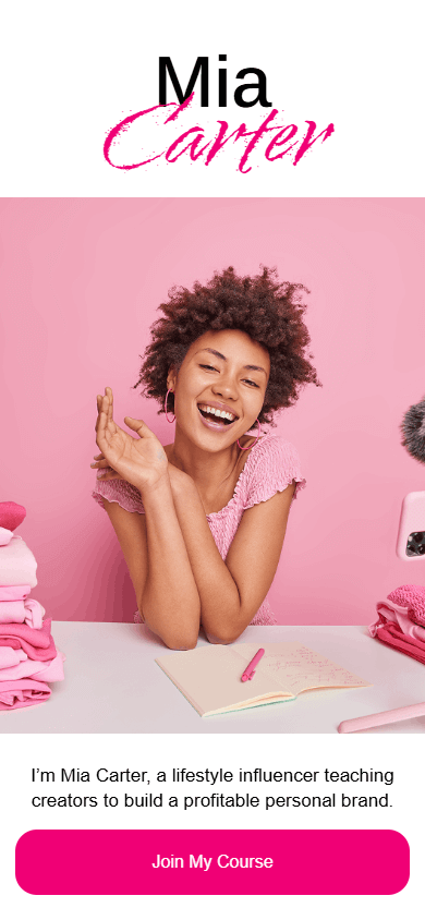 Top of the link in bio page created with Taplink as the best alternative to Lnk.Bio and Linktree