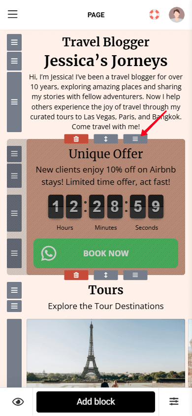 Holding the drag icon for moving a section in the Taplink page builder