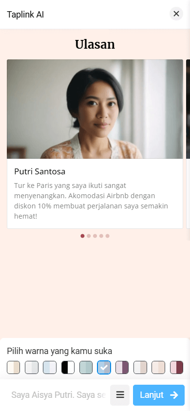 Tata letak bagian Ulasan menampilkan gambar, nama, dan teks berukuran besar