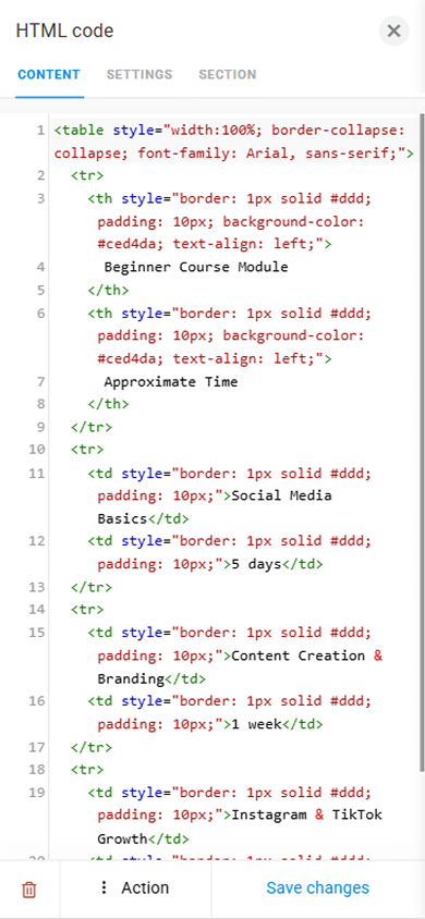 The HTML code settings page displaying the code for creating a table