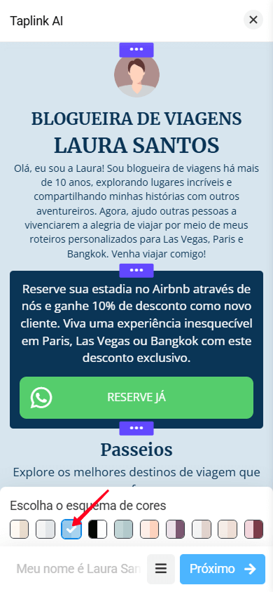 Um esquema de cores azul aplicado a uma página gerada no editor do Taplink AI