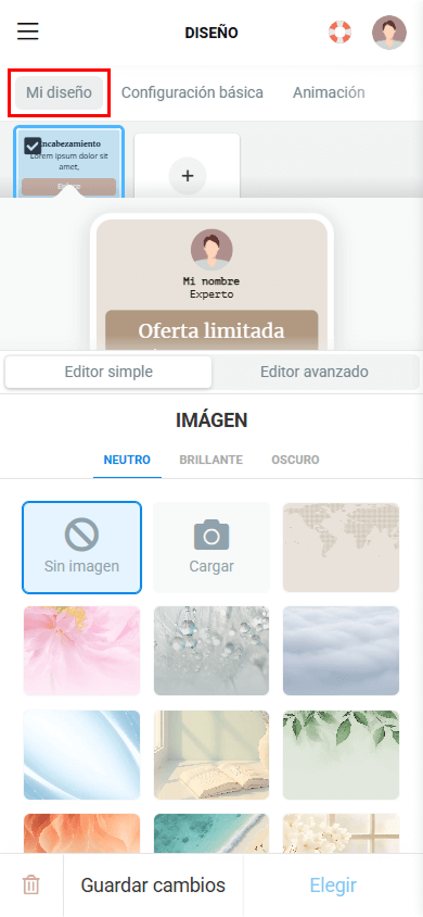 La pestaña Mi diseño resaltada en la interfaz de Taplink