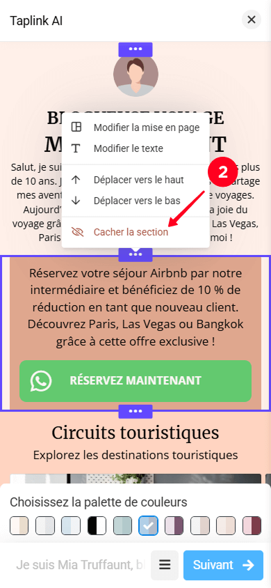 Sélectionner l’option Cacher la section dans le menu déroulant des paramètres de section