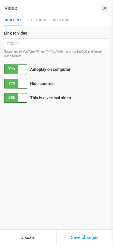 Video block settings page in Taplink